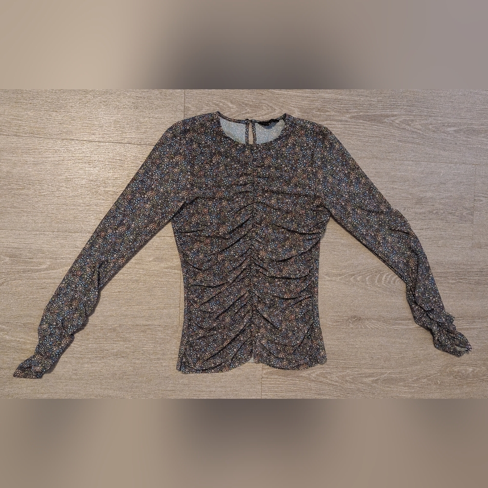 Ted Baker Savannn Rouched Front Long Sleeve Floral Print Jersey Top Size 1 EUC!